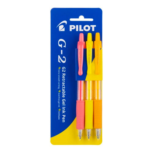 Pack of 3 Pilot G2 Gel pens in Neon Red, Yellow, and Apricot Orange with 0.7mm fine tip and comfortable grip.