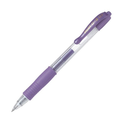 Pack of 12 Pilot G2 Gel Fine Metallic Violet pens with 0.7mm tip, smooth ink, and comfortable grip for creative writing.
