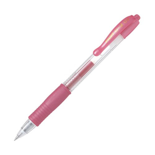 Pack of 12 Pilot G2 Gel pens with metallic pink ink, featuring 0.7mm fine tips and ergonomic grips for smooth writing.
