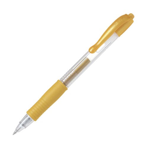Set of 12 Pilot G2 Gel Fine Gold pens with 0.7mm tip, acid-free ink, clear barrels, and comfortable grips for smooth writing.