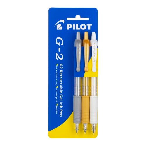 Pilot G2 Gel Fine Metallic GSW pack of 3 with gold, silver, and white pens featuring 0.7mm tip and comfortable grip.