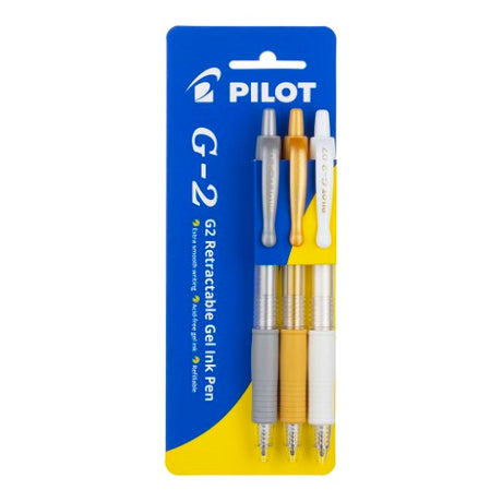 Pilot G2 Gel Fine Metallic GSW pack of 3 with gold, silver, and white pens featuring 0.7mm tip and comfortable grip.