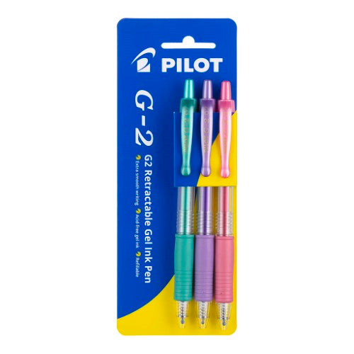 Pack of 3 Pilot G2 Metallic gel pens with 0.7mm fine tips in green, violet, and pink for smooth, vibrant writing.