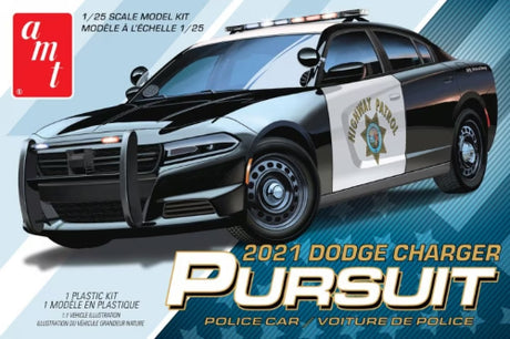 Detailed 1/25 scale model kit of a Dodge Charger Police Pursuit, perfect for enthusiasts and model builders.