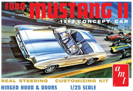 Detailed 1/25 scale model kit of the iconic 1963 Mustang II Concept for auto enthusiasts and collectors.