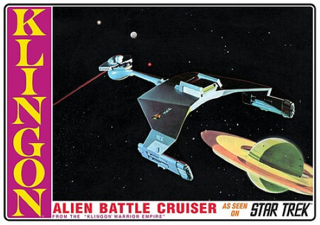 Detailed plastic model kit of the Star Trek Klingon Cruiser for sci-fi enthusiasts and collectors, easy to assemble.