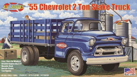 1/48 scale Chevy Stake Truck model kit showcasing detailed multi-part cab and newly molded clear windshield for enhanced realism.