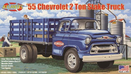 1/48 scale Chevy Stake Truck model kit showcasing detailed multi-part cab and newly molded clear windshield for enhanced realism.