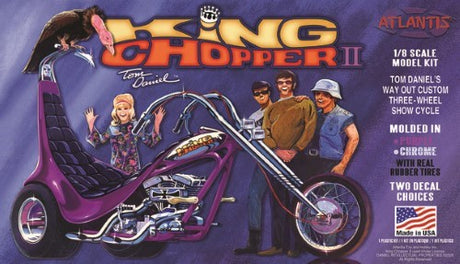 1/8 scale King Chopper Trike model in metallic purple with chrome parts, rubber tires, and detailed design features.