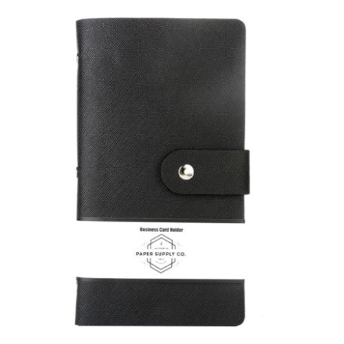 Sleek black OSC Citta Business Card Holder holding up to 96 cards with a textured finish and secure dome press stud closure.