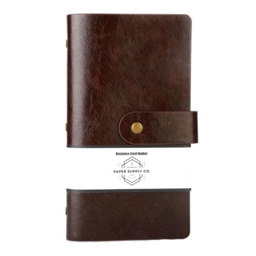 Elegant brown vintage business card holder, crafted from durable PU, holds up to 96 cards with a textured finish and secure closure.