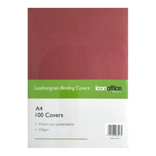 Durable red A4 binding covers, 250gsm, 100-pack, featuring a leather-like texture for professional document presentation.