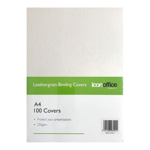 White A4 binding covers, 250gsm, pack of 100, with leather-like texture for durable document protection and stylish presentation.