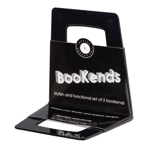 Sleek black OSC Bookend Set, made from durable plastic, designed to organize books and magazines on shelves and desks.