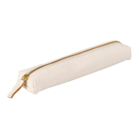 Elegant white mini pencil case crafted from genuine leather with embossed logo and gold zip, ideal for organizing stationery.