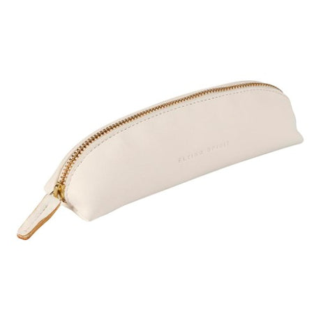 Elegant white leather triangular pencil case with embossed logo, perfect for stationery and makeup essentials.