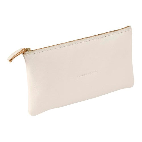 Vintage flat white leather pencil case featuring embossed logo and gold zip, perfect for artists and students.
