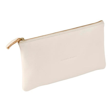 Vintage flat white leather pencil case featuring embossed logo and gold zip, perfect for artists and students.