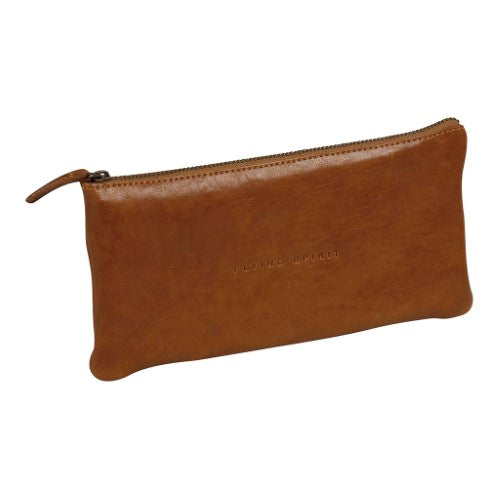 Elegant cognac leather pencil case with gold zip, embossed logo, perfect for stationery organization.