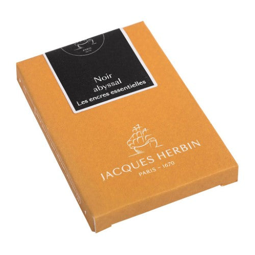 Pack of 7 Jacques Herbin Noir Abyssal ink cartridges for fountain pens, offering deep black hues and excellent fluidity.