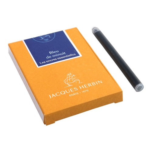 Pack of 7 Jacques Herbin Bleu de Minuit ink cartridges, featuring deep dark blue color for elegant writing and calligraphy.