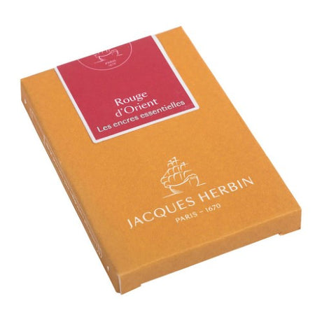 Pack of 7 Jacques Herbin ink cartridges in rich Rouge d'Orient for vibrant writing and universal fountain pen compatibility.