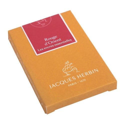 Pack of 7 Jacques Herbin ink cartridges in rich Rouge d'Orient for vibrant writing and universal fountain pen compatibility.