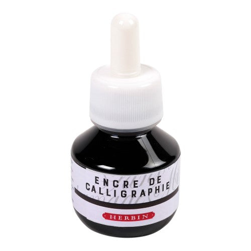 Herbin 50ml Black Calligraphy Ink in a glass bottle, perfect for elegant writing and drawing with nibs and brushes.