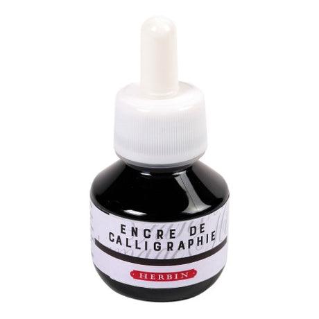 Herbin 50ml Black Calligraphy Ink in a glass bottle, perfect for elegant writing and drawing with nibs and brushes.