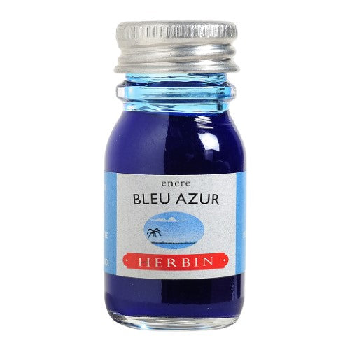 10ml bottle of Herbin Bleu Azur Writing Ink, vibrant azure blue for calligraphy and art, perfect for mixing and blending.