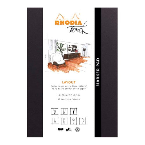 Rhodia Touch Marker Pad A5+ Blank with 50 detachable ultra-smooth sheets, ideal for alcohol markers and vibrant artwork.
