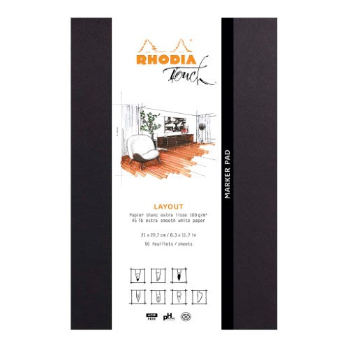 Rhodia Touch Marker Pad A4+ with 50 micro-perforated blank sheets and smooth paper for alcohol markers.