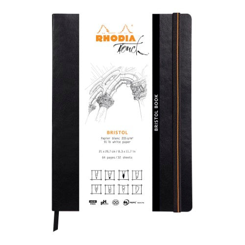 Rhodia Touch Bristol Book A4 with elegant leatherette cover and 32 smooth, acid-free blank sheets for precision drawing.
