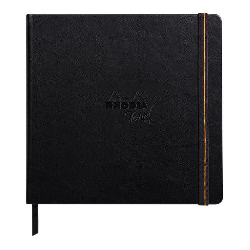 Rhodia Touch Carb'on Black Book, 210x210mm, features 120gsm black paper, double-grain texture, and stylish leatherette cover.