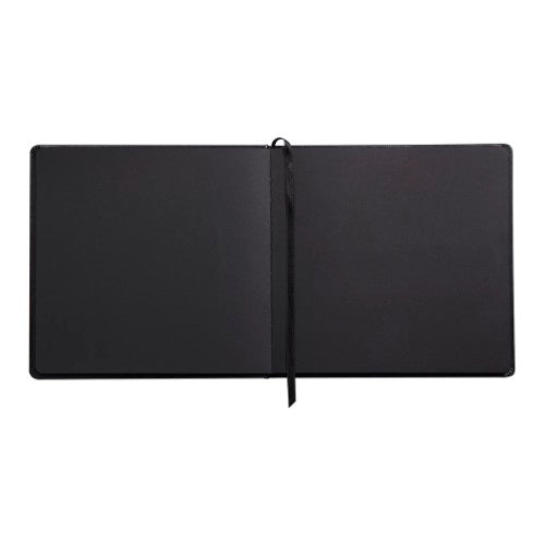 Rhodia Touch Carb'on Black Book, 210x210mm, features 120gsm black paper, elastic closure, embossed cover, and ribbon bookmark.