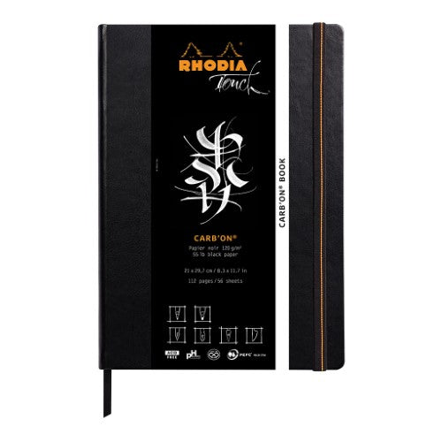 Rhodia Touch Carb'on Black Book A4 with 112 blank pages, double-grain black paper, Italian leatherette cover, ideal for artists.