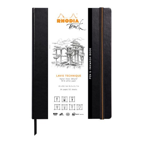 Rhodia Touch Pen and Inkwash Book A4 with 200gsm paper, elastic closure, and embossed cover, perfect for artists.
