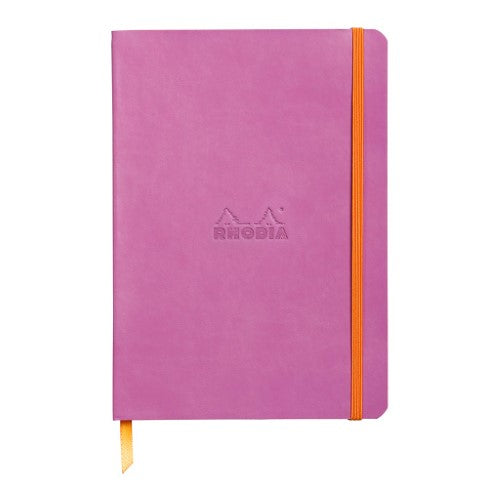 Rhodiarama A5 lined notebook in lilac with soft cover, elastic closure, and 160 bleed-proof ivory pages.