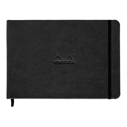 Rhodia Webnotebook Landscape A5 in black, featuring 192 dotted pages of bleed-proof ivory paper in a luxurious leatherette cover.