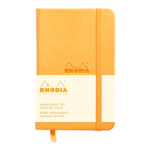 Vibrant orange Rhodia Webnotebook, pocket-sized with 192 blank pages, elastic closure, and Italian leatherette cover.