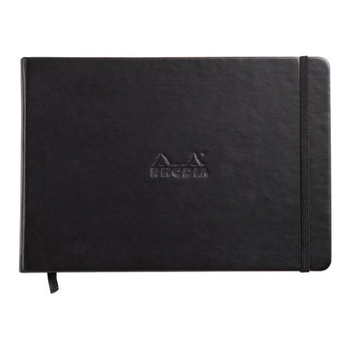 Elegant Rhodia Webnotebook in black, A5 landscape, featuring lined pages and durable Italian leatherette cover.