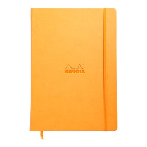 Rhodia Webnotebook A4 in vibrant orange with lined pages, leatherette cover, elastic closure, and rear pocket for convenience.