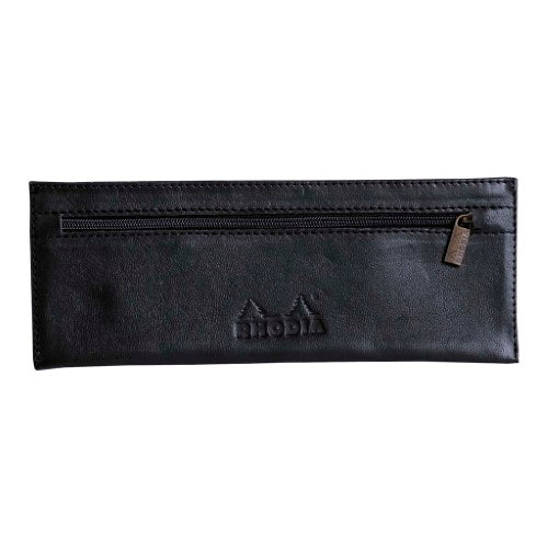 Elegant black leather pencil case with embossed logo, metallic puller, and ample space for writing essentials.