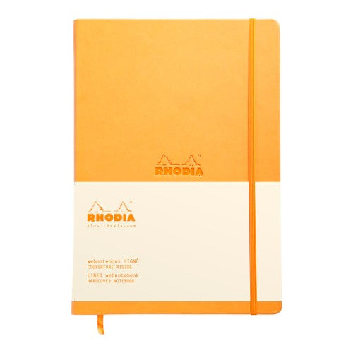 Rhodia Webnotebook A4 in vibrant orange with premium leatherette cover, 192 blank bleed-proof pages, and elastic closure.