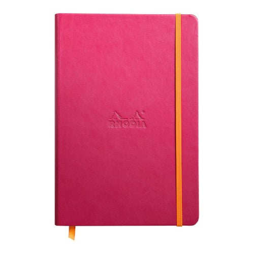 Rhodiarama A5 notebook in raspberry with embossed logo, 192 lined pages, elastic closure, and eco-friendly materials.