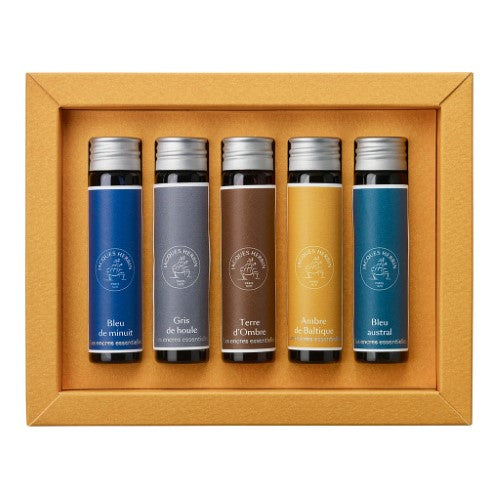 Set of 5 Jacques Herbin 15ml fountain pen inks in dark blue, grey, brown, amber, and light blue, designed for vibrant writing.