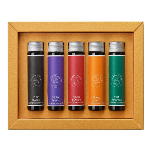Pack of 5 vibrant 15ml Jacques Herbin fountain pen inks in black, violet, red, orange, and dark green; premium quality and fluidity.