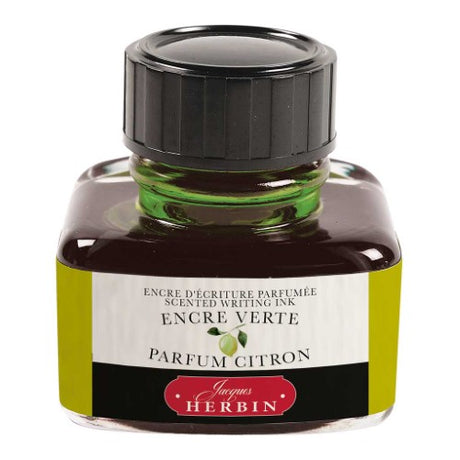 30ml bottle of Herbin Scented Ink in vibrant green with a refreshing lemon scent, ideal for various writing instruments.