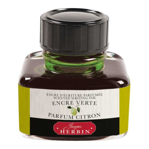 30ml bottle of Herbin Scented Ink in vibrant green with a refreshing lemon scent, ideal for various writing instruments.