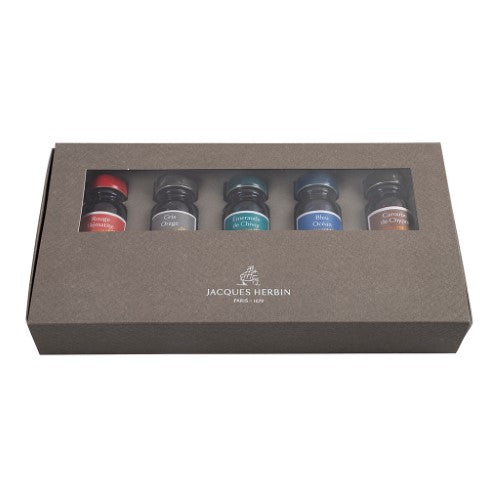 Set of 5 Jacques Herbin 1670 Ink 10ml bottles featuring shimmering colors for luxurious writing experiences.